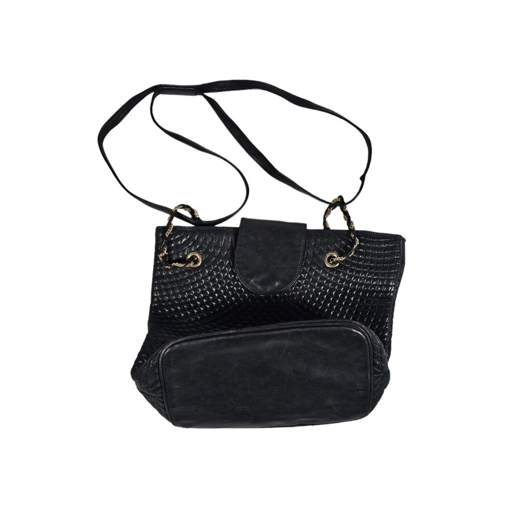 Bally Quilted Black Leather Shoulder Bag Chain Accents Leather Strap - Picture 11 of 13
